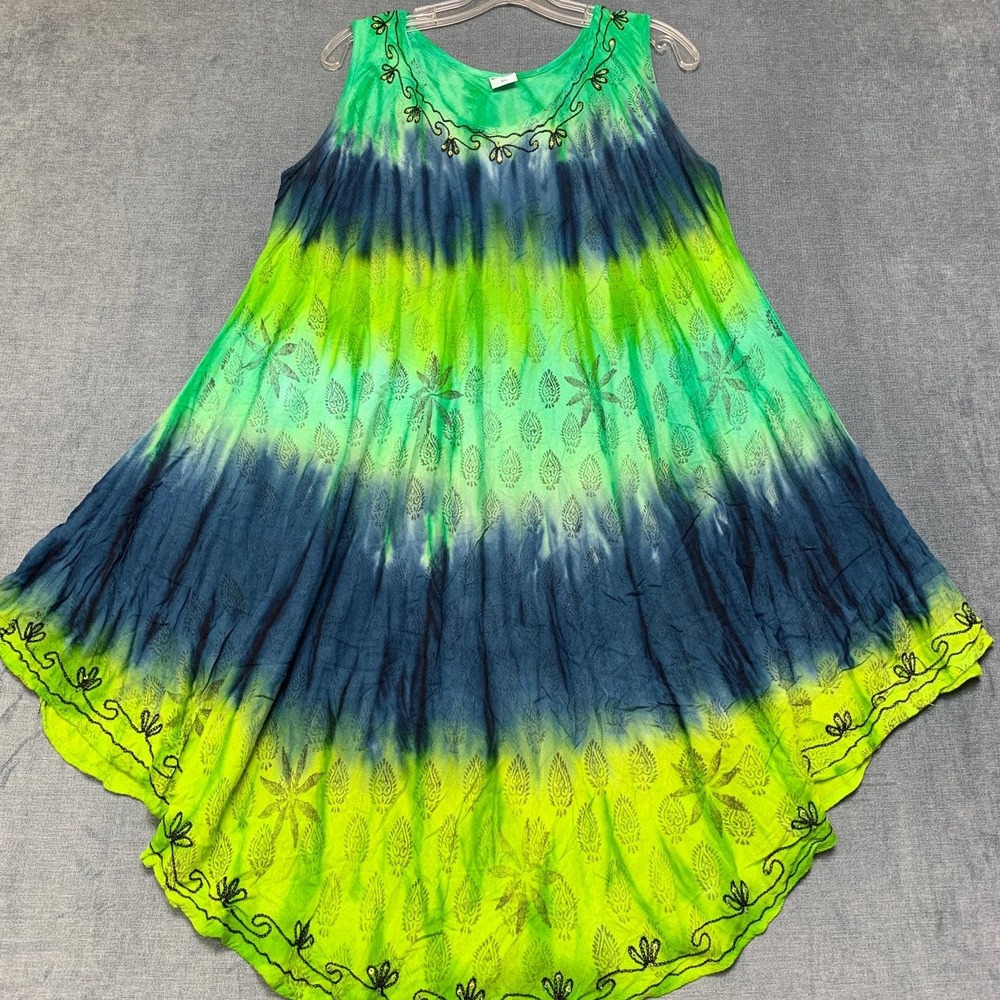 Shoreline Sundress Womens 3XL Green Blue Tie Dye Sequin Round Neck Sleeveless